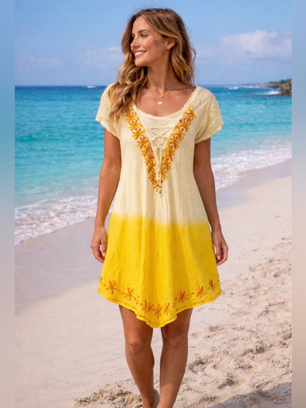 Exist NWT Yellow Ombre Embroidered Rayon Midi Dress one Size - Picture 1 of 8